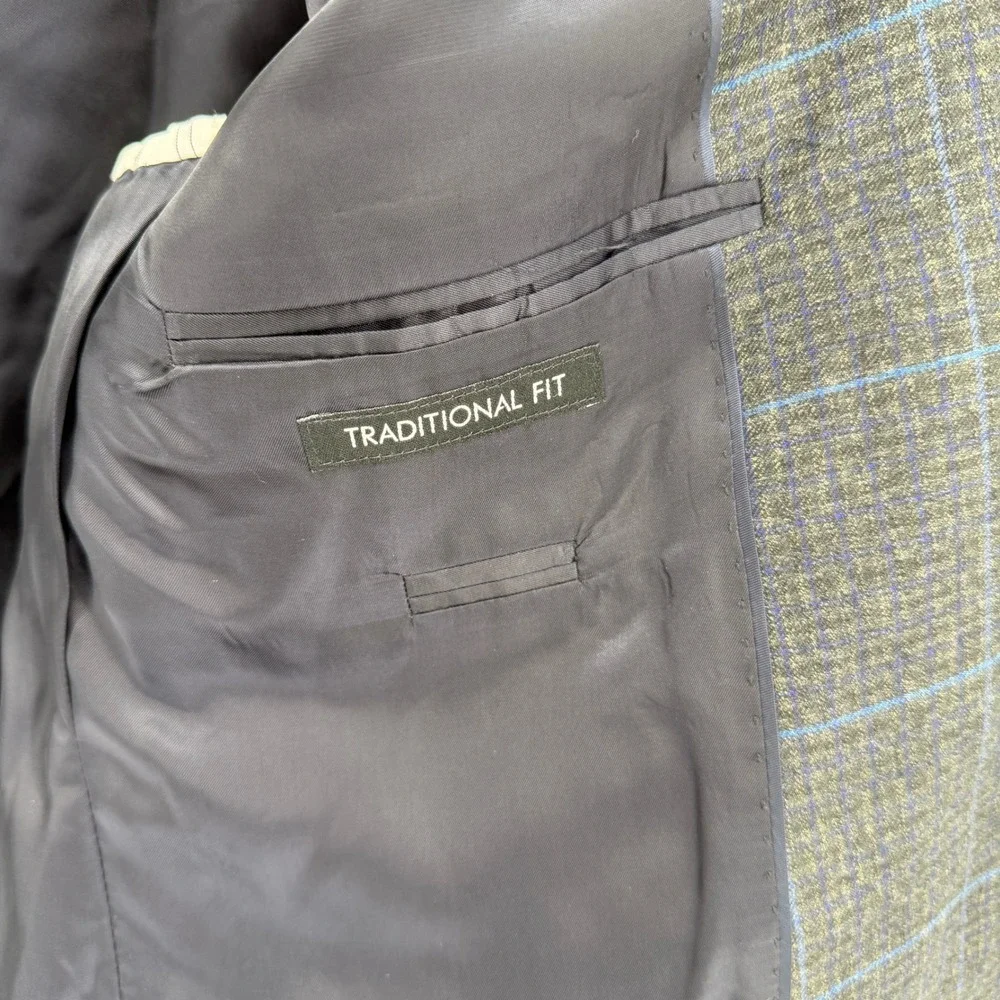 Jos. A. Bank Signature Charcoal Blue Windowpane Plaid 100% Wool Blazer 44 Long